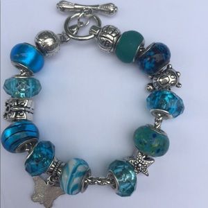 Blue and Green Silver Tone Beaded Bracelet